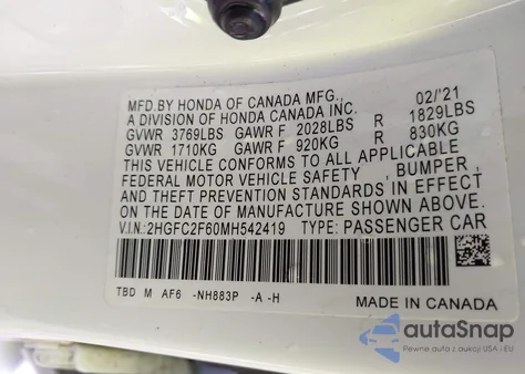 2021 Honda Civic Lx z USA, uszkodzony, nr VIN 2HGFC2F60MH542419